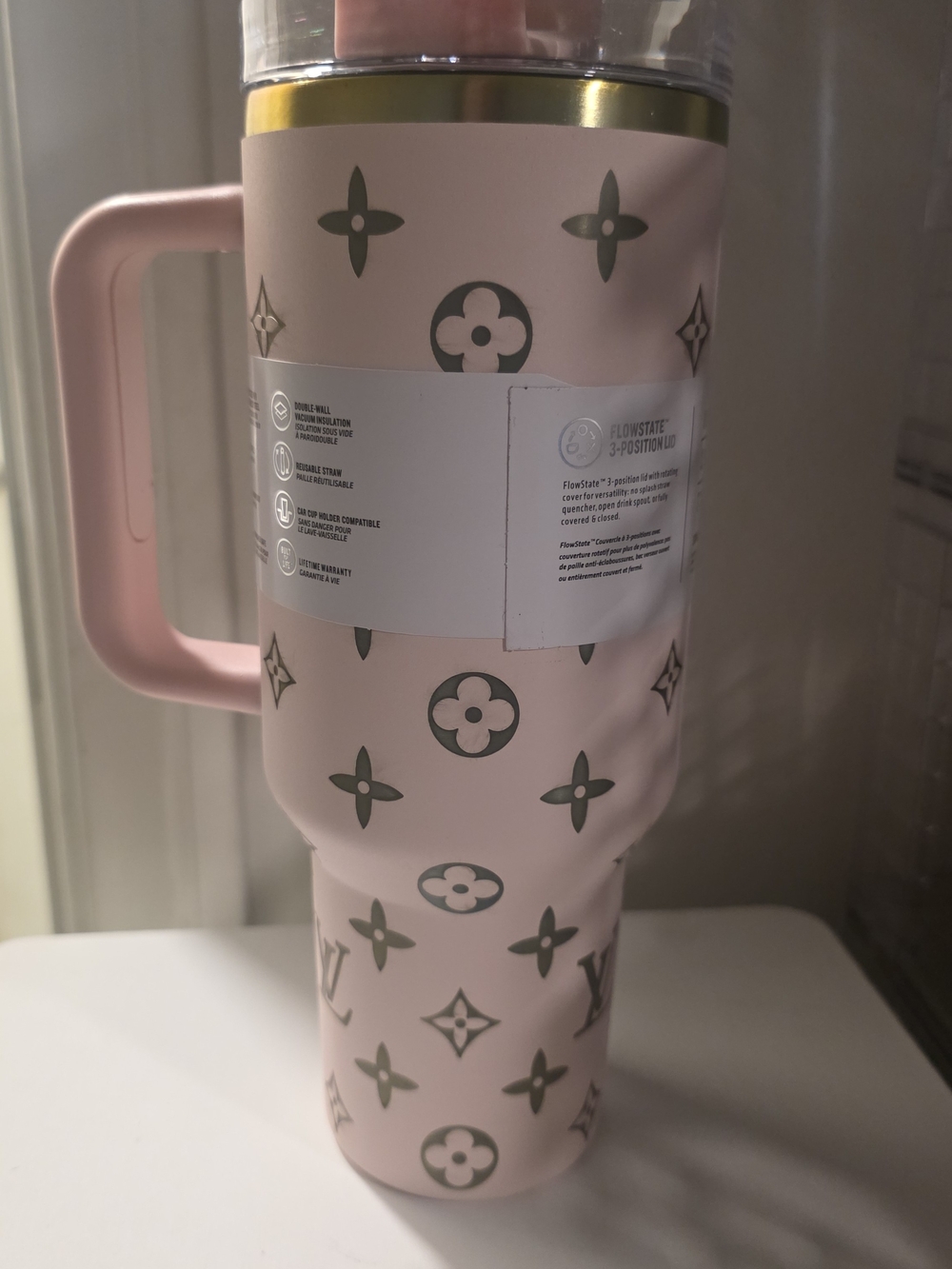Source Unknown Pink Monogram Travel Mug with Handle